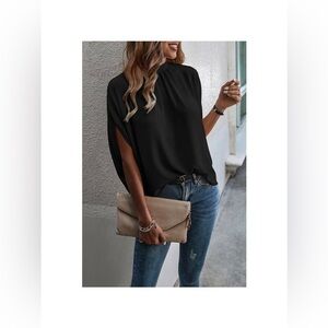Women's Solid Cape Short Sleeve Loose Top / black